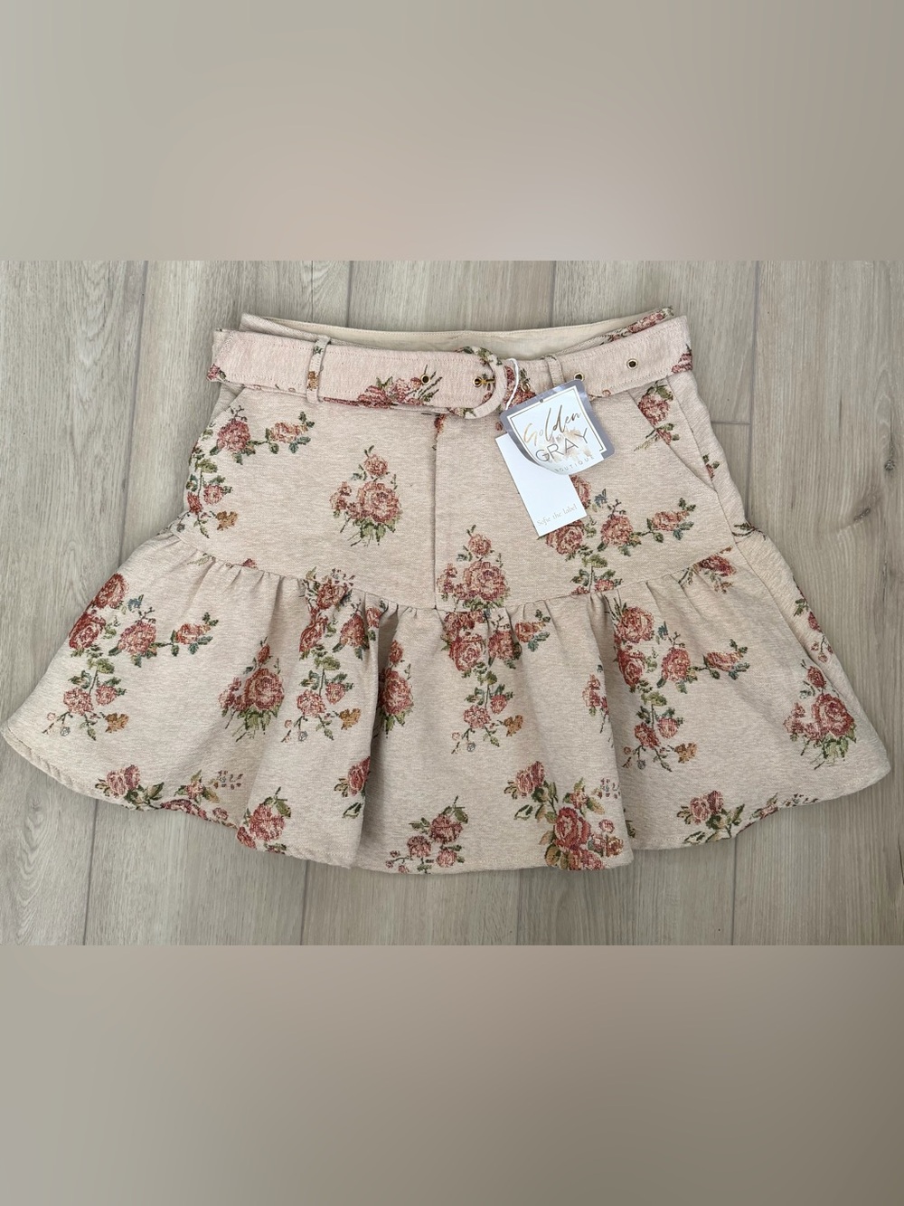 Sofia the labal Tan  Floral Ruffle Mini Skirt with Belt